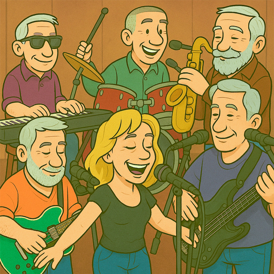 A cartoon image of The Riff Tides band